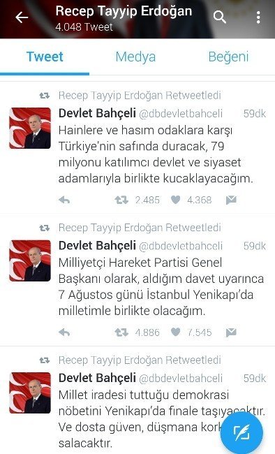 Cumhurbaşkanı Erdoğan, Devlet Bahçeli’yi retweetledi