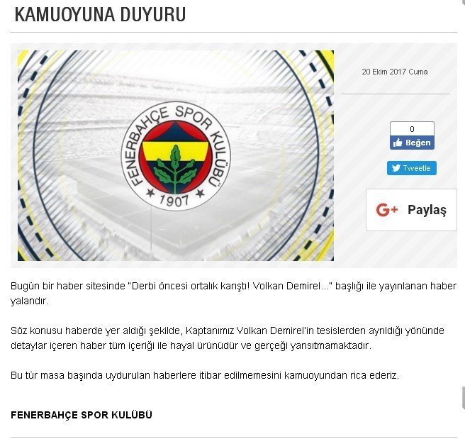 Fenerbahçe’den Volkan Demirel açıklaması
