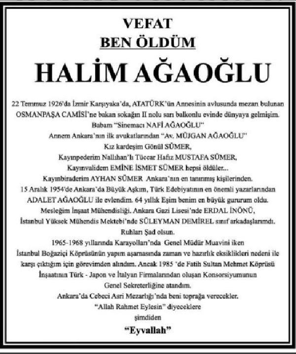 Ölüm ilanını kendisi hazırlayan Halim Ağaoğlu, son yolculuğunu uğurlandı